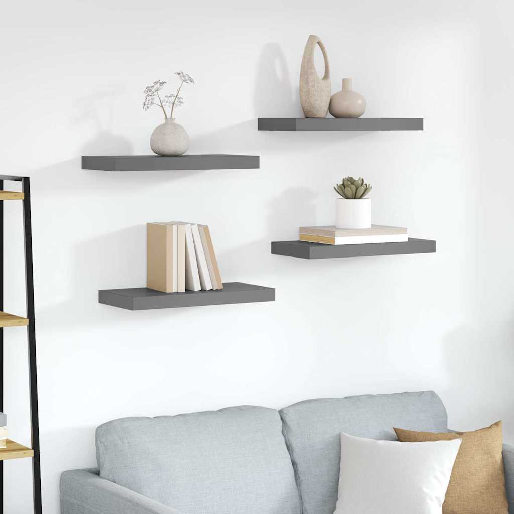Schweberegale 4 Stk. Hochglanz-Grau 50x23,5x3,8 cm MDF