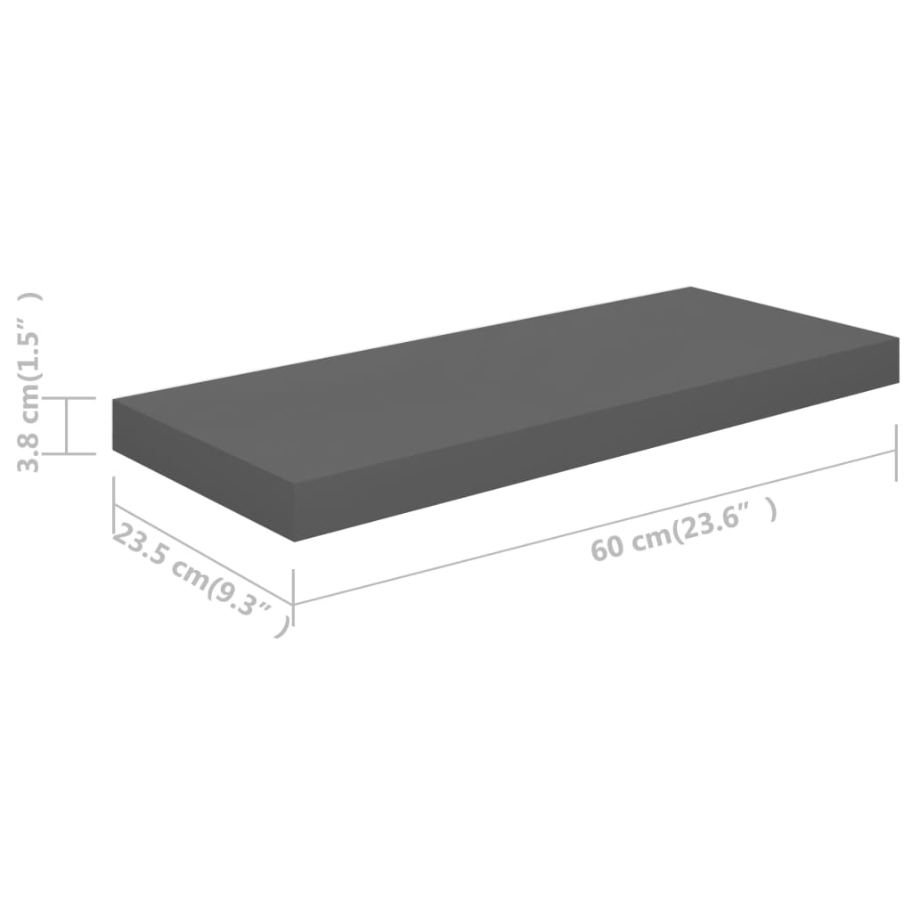 Floating shelves 4 pcs. High-gloss grey 60x23.5x3.8 cm MDF