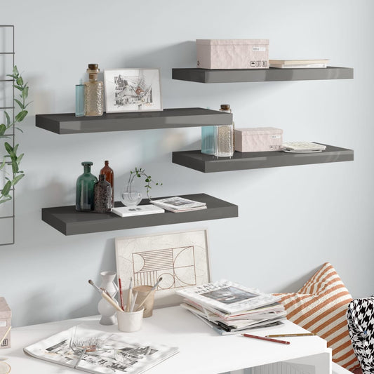 Floating shelves 4 pcs. High-gloss grey 60x23.5x3.8 cm MDF