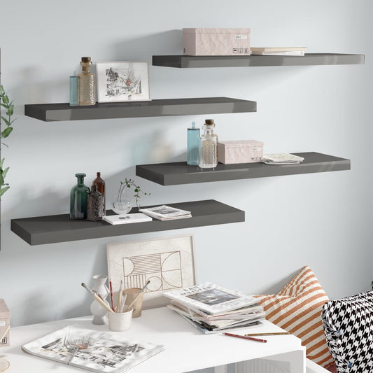 Floating shelves 4 pcs. High-gloss grey 80x23.5x3.8 cm MDF