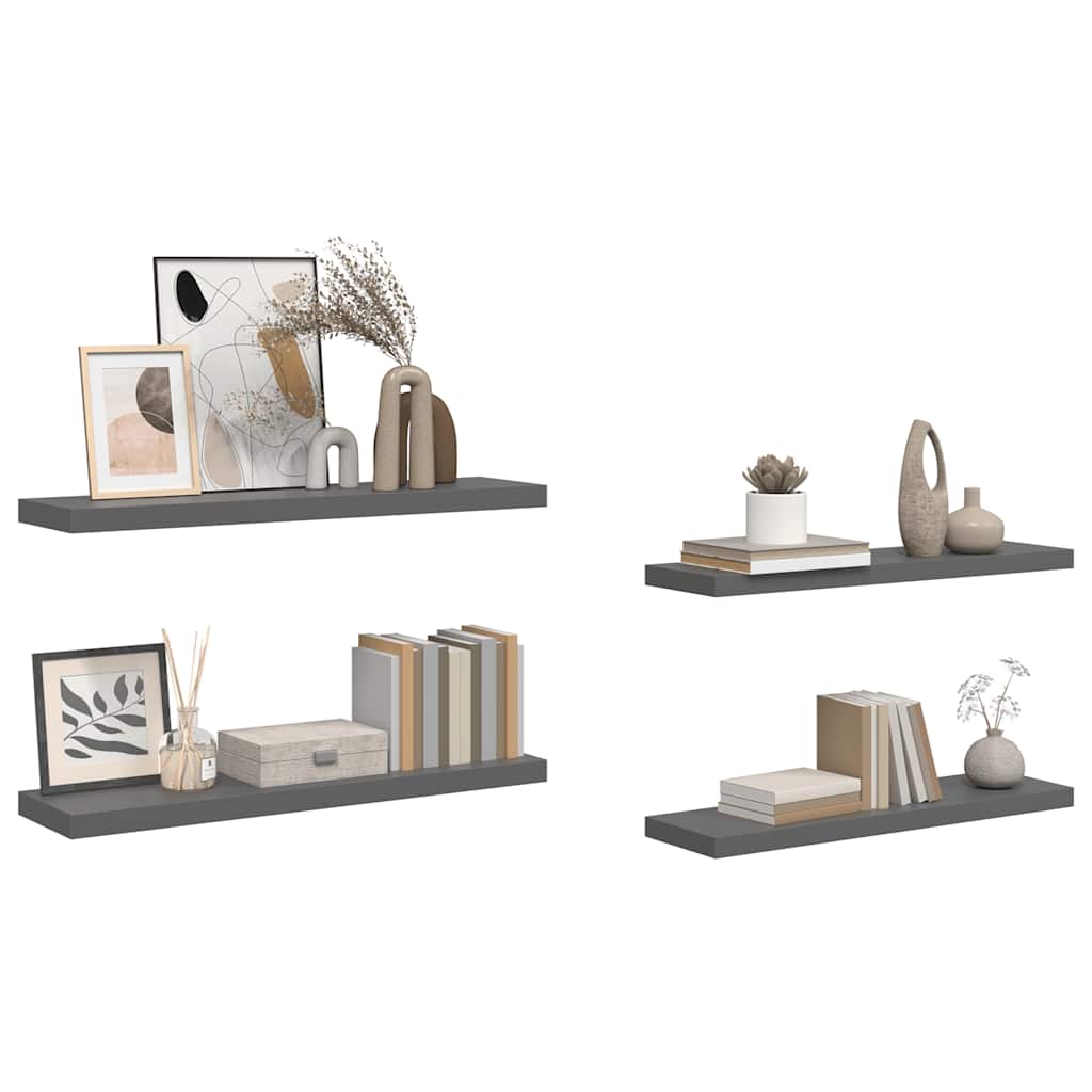 Schweberegale 4 Stk. Hochglanz-Grau 90x23,5x3,8 cm MDF
