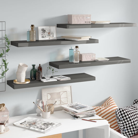 Floating shelves 4 pcs. High-gloss grey 90x23.5x3.8 cm MDF