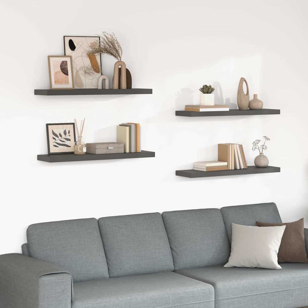 Schweberegale 4 Stk. Hochglanz-Grau 90x23,5x3,8 cm MDF