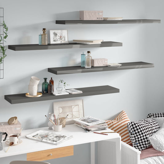 Floating shelves 4 pcs. High-gloss grey 120x23.5x3.8 cm MDF