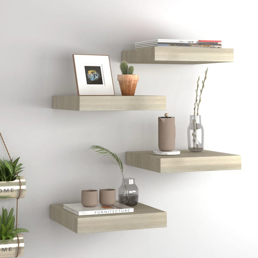 Étagères murales flottantes, 4 pièces, MDF couleur chêne, 23 x 23,5 x 3,8 cm