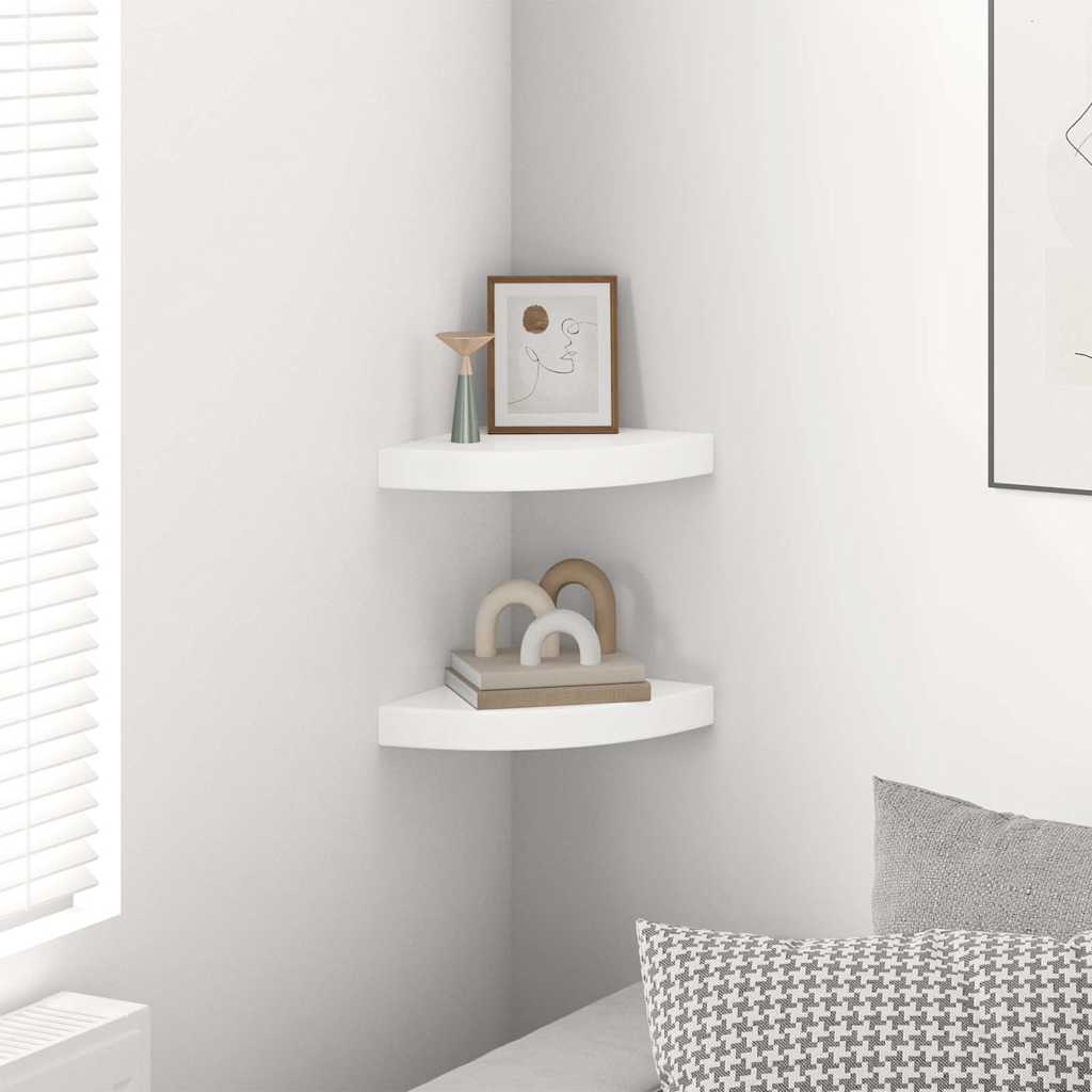 Schwebende Eckregale 2 Stk. Hochglanz-Weiß 25x25x3,8 cm MDF