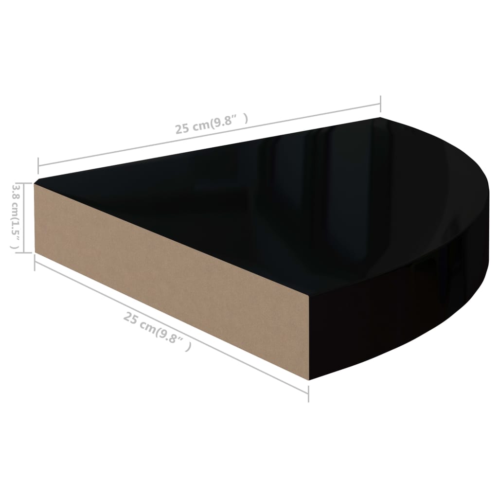 Étagères d'angle flottantes, lot de 2, noir brillant, 25 x 25 x 3,8 cm, MDF