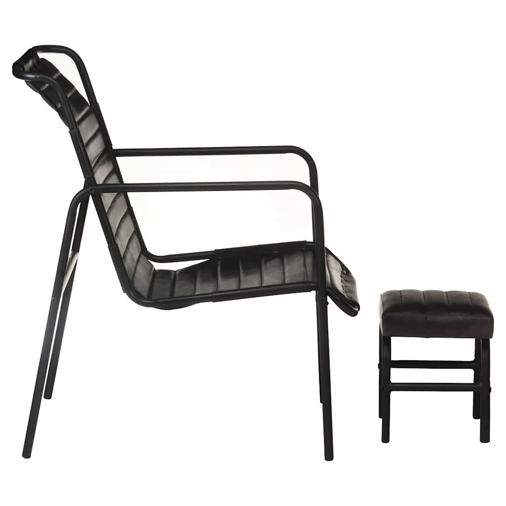 Relaxsessel mit Fußhocker Schwarz Echtleder