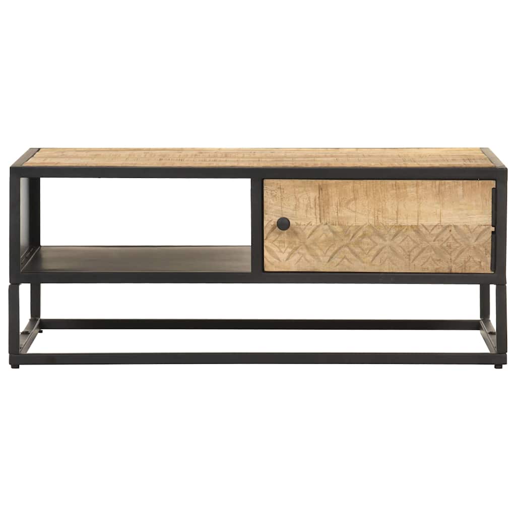 Couchtisch mit Geschnitzter Tür 90x55x36 cm Raues Mangoholz