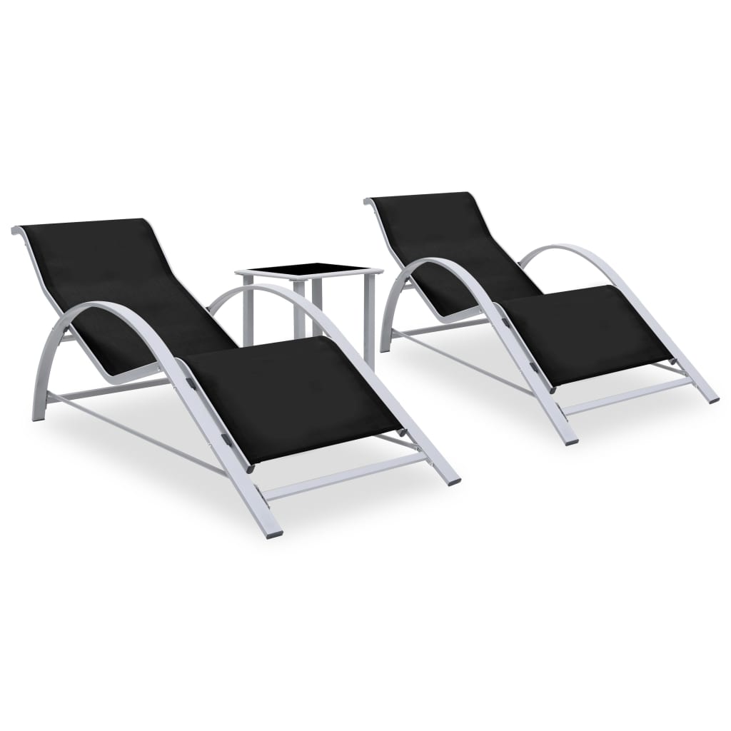 Chaises longues 2 pièces avec table en aluminium noir