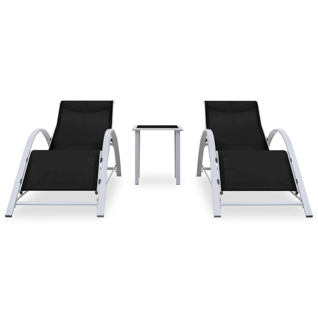 Chaises longues 2 pièces avec table en aluminium noir