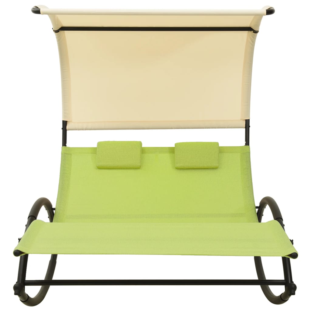 Double sun lounger with sun canopy Textilene Green and Cream
