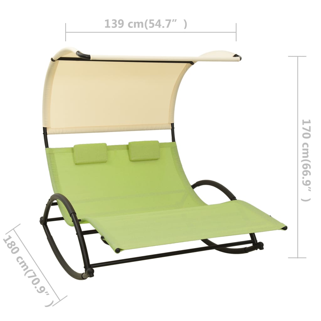 Double sun lounger with sun canopy Textilene Green and Cream