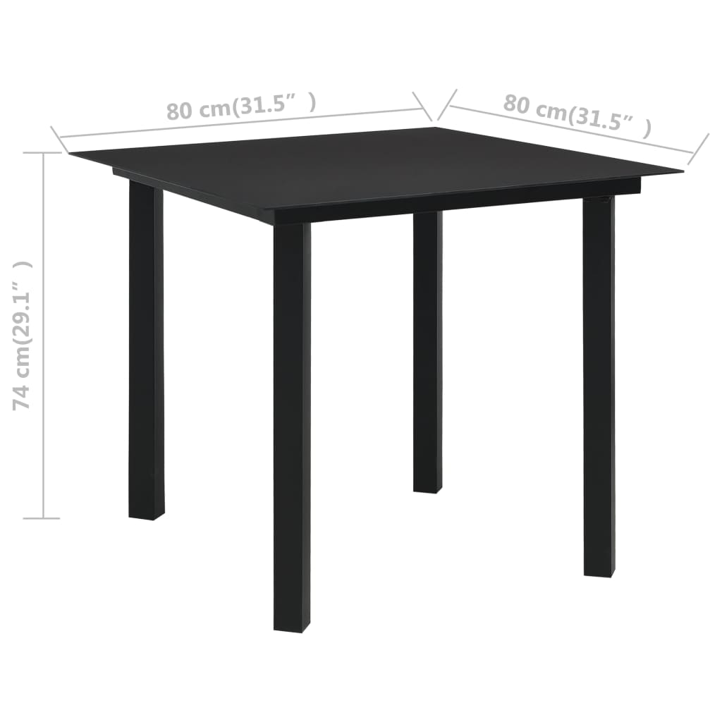 Garden dining table black 80x80x74 cm steel and glass