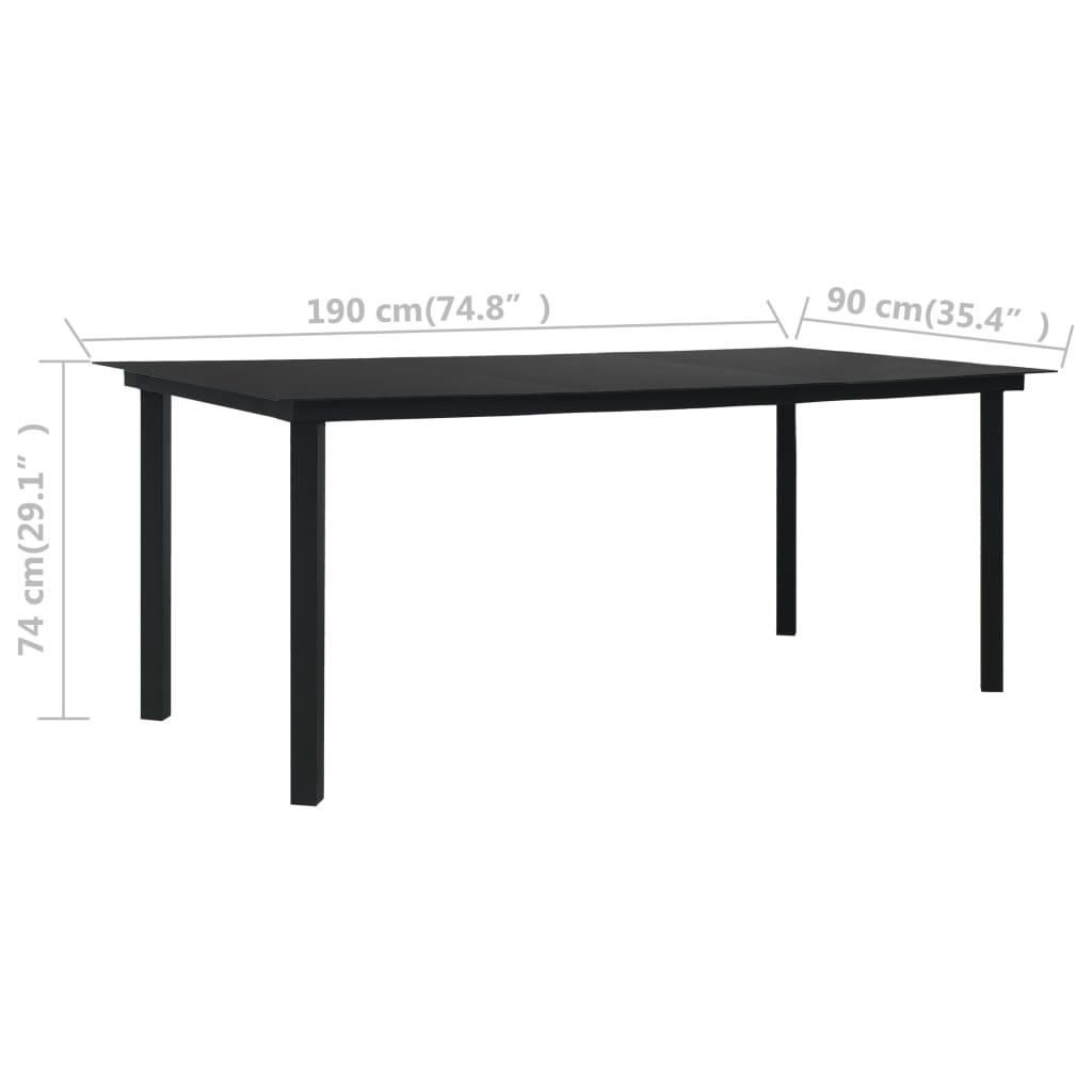 Table à manger de jardin noire 190x90x74 cm acier et verre