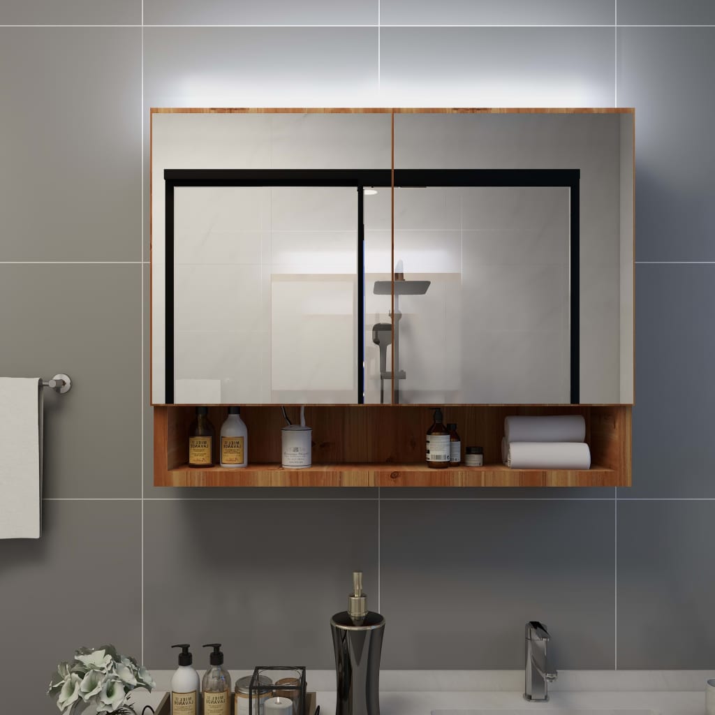 LED mirror cabinet for the bathroom oak 80x15x60 cm MDF