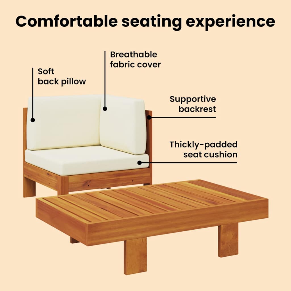 2-tlg. Garten-Lounge-Set mit Cremeweißen Kissen Akazienholz