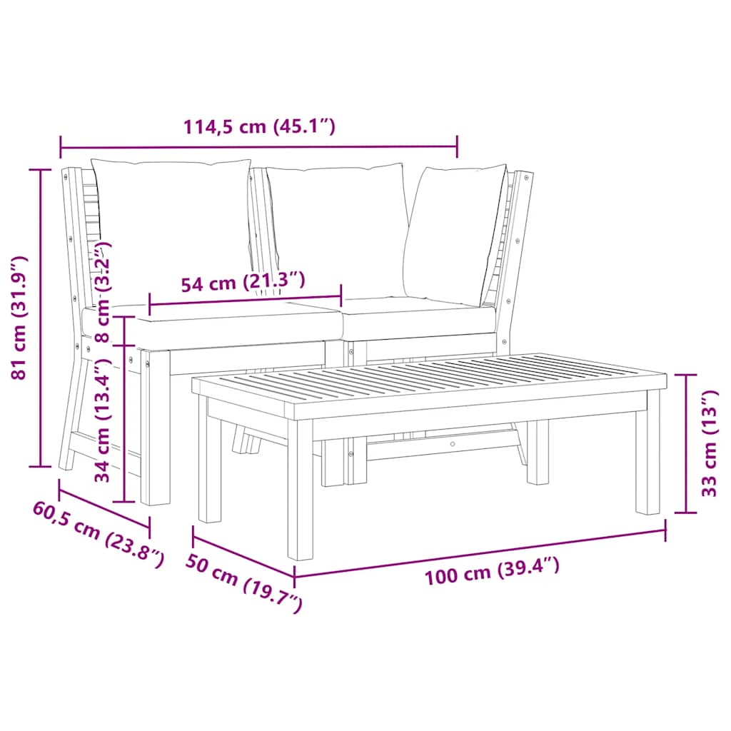 3-tlg. Garten-Lounge-Set mit Creme Kissen Akazie Massivholz