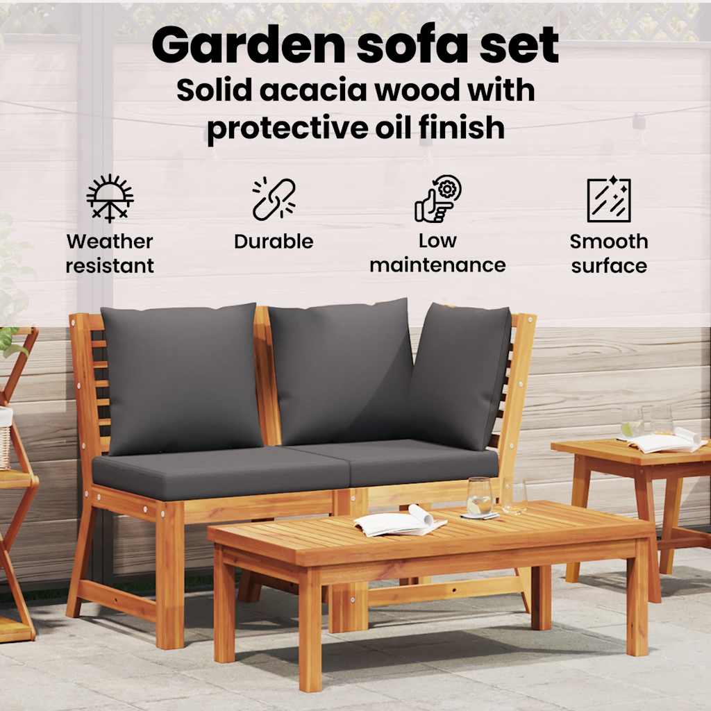 3-tlg. Garten-Lounge-Set mit Dunkelgrauem Kissen Akazienholz