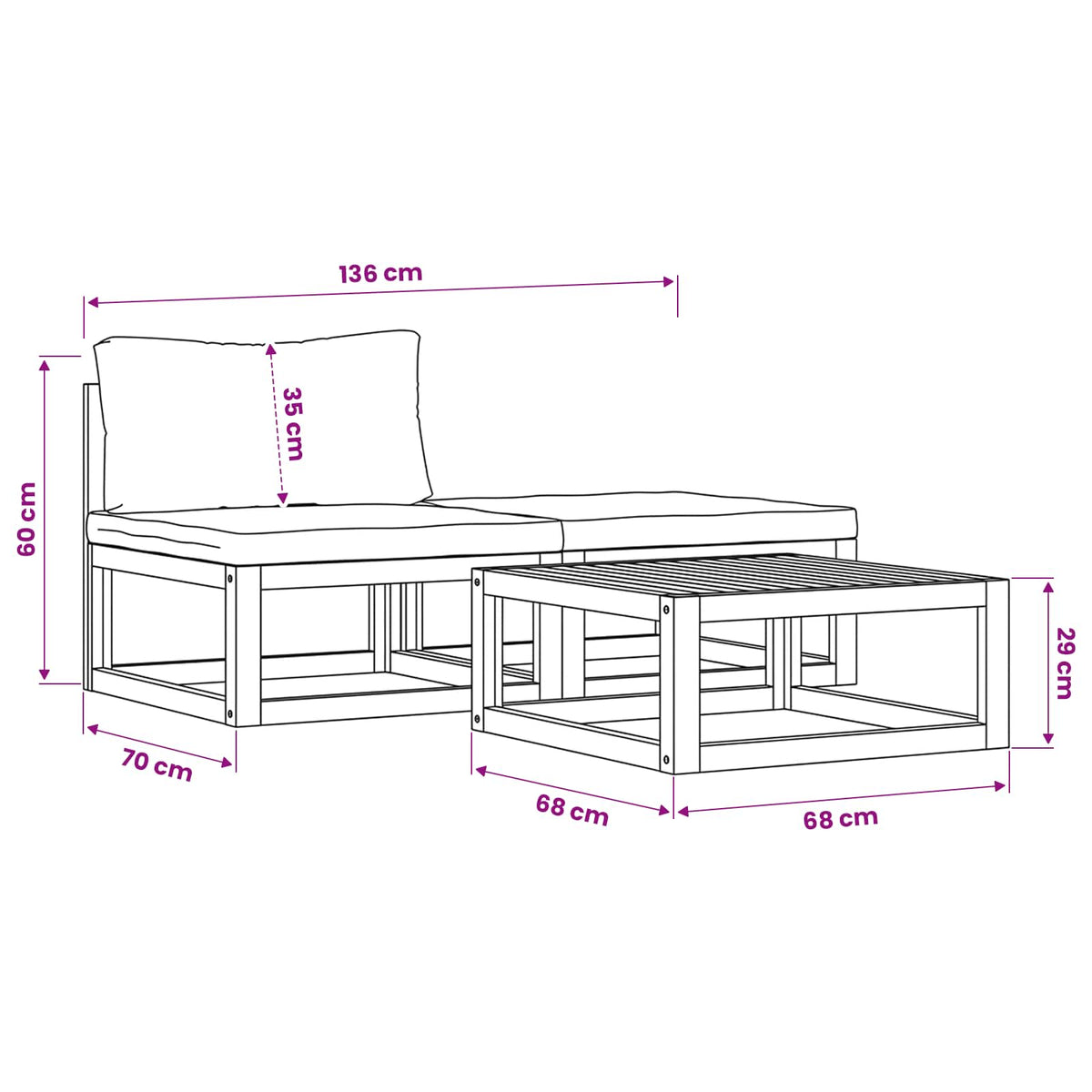 3-tlg. Garten-Lounge-Set mit Kissen Massivholz Akazie