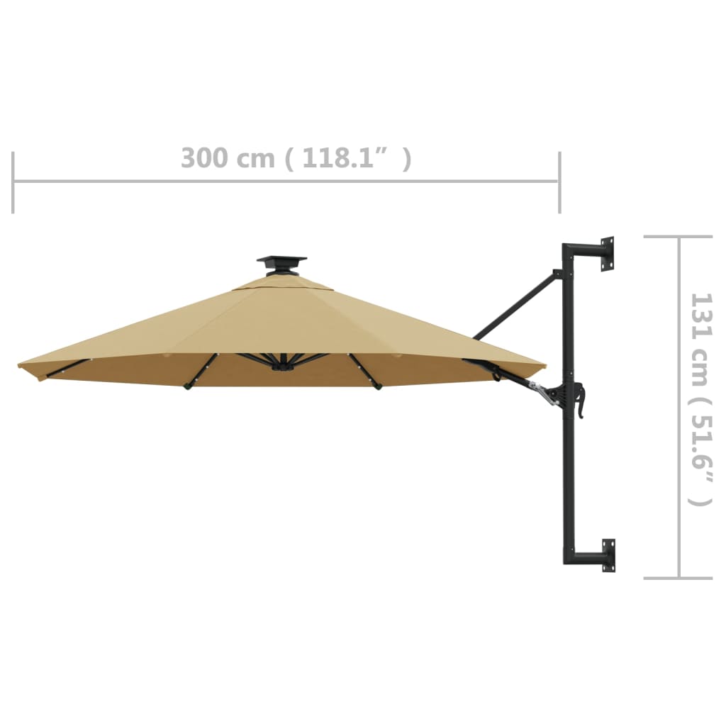 Wall-mounted parasol with LEDs 300 cm Taupe