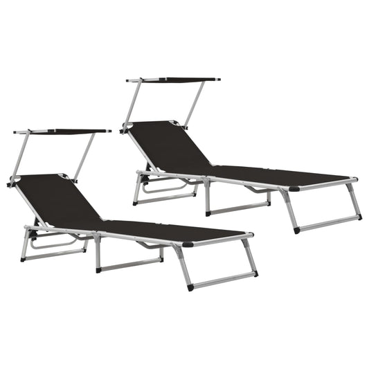 Folding sun loungers with roof 2 pcs. Alu Textilene Black