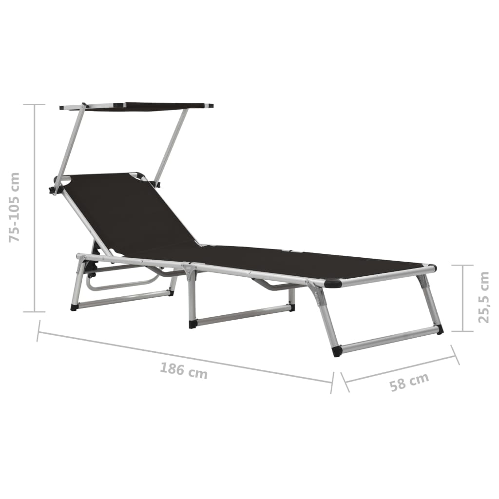 Folding sun loungers with roof 2 pcs. Alu Textilene Black