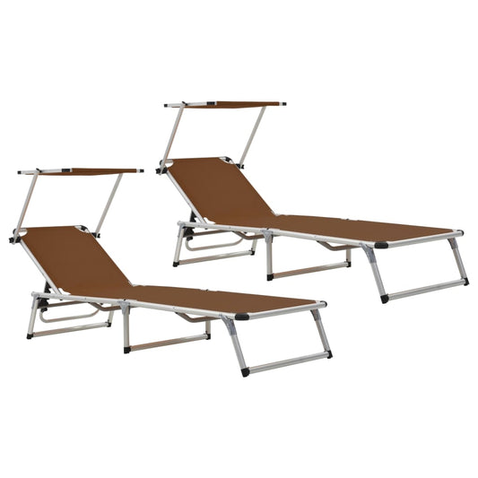 Folding sun loungers with roof 2 pcs. Alu Textilene Brown