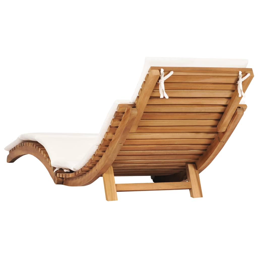 Folding sun lounger with cream-white cushion made of solid teak wood