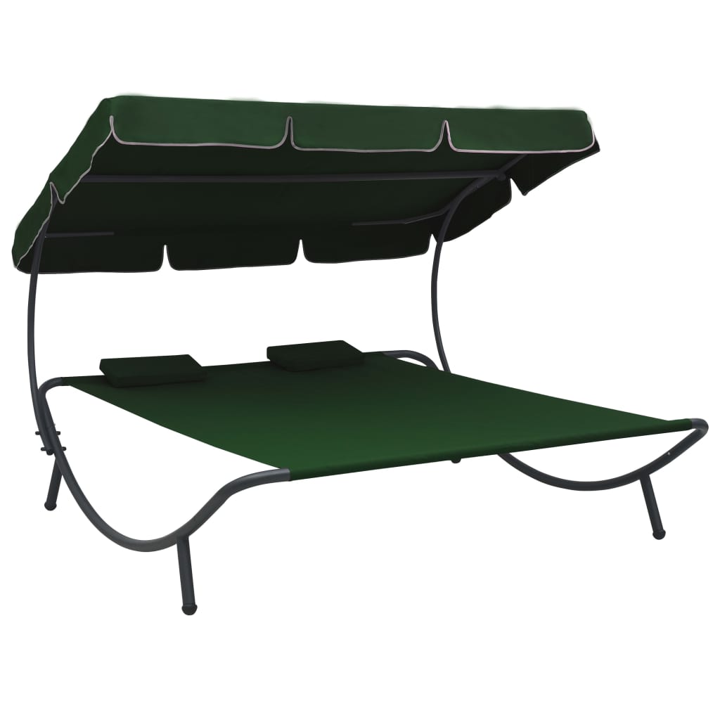 Chaise longue avec auvent et coussins verts