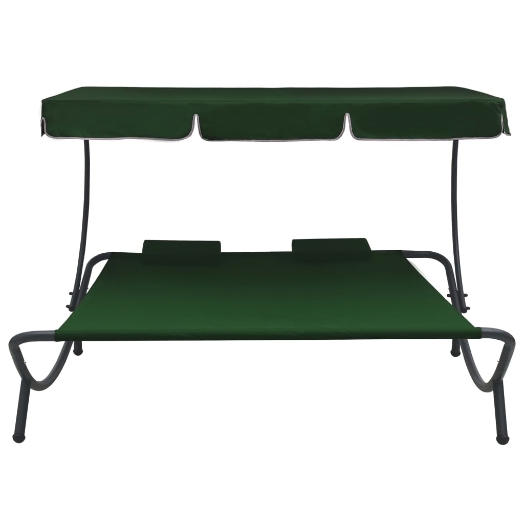 Chaise longue avec auvent et coussins verts