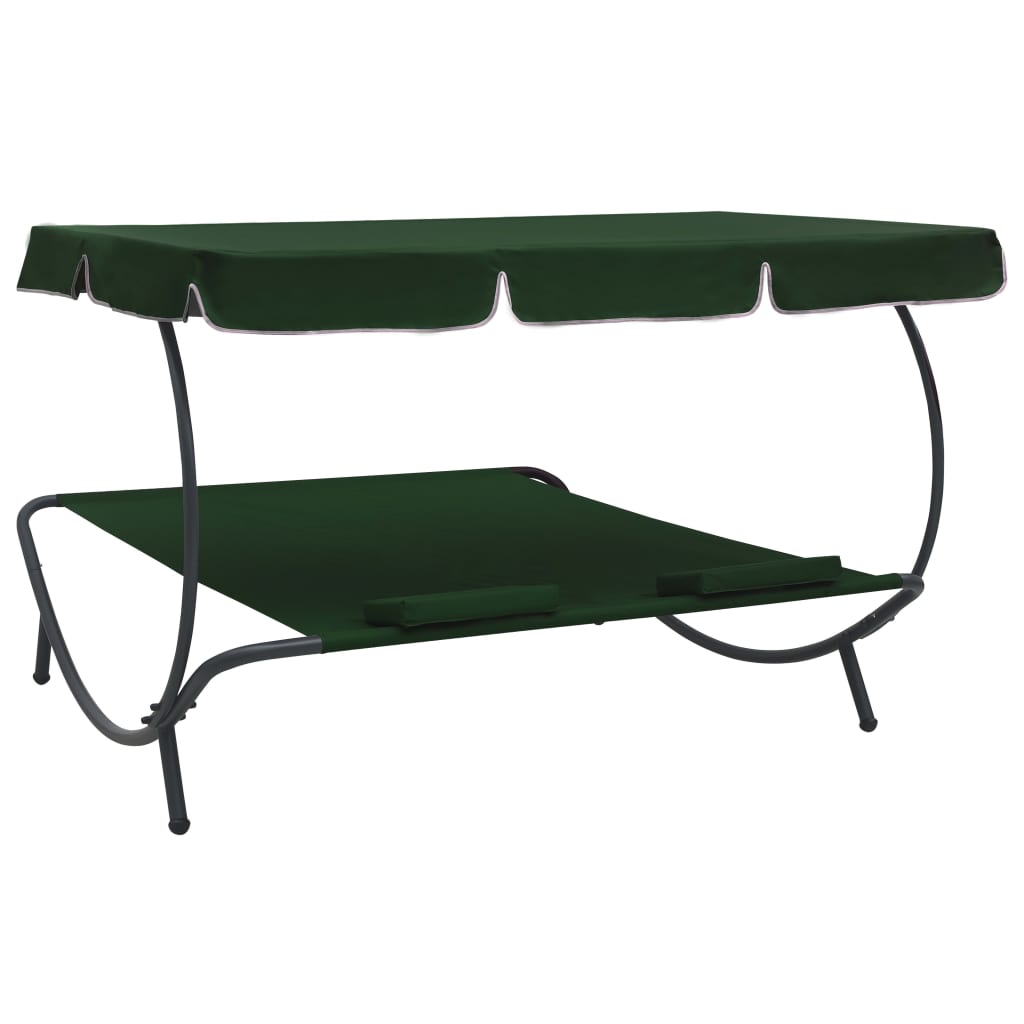 Chaise longue avec auvent et coussins verts