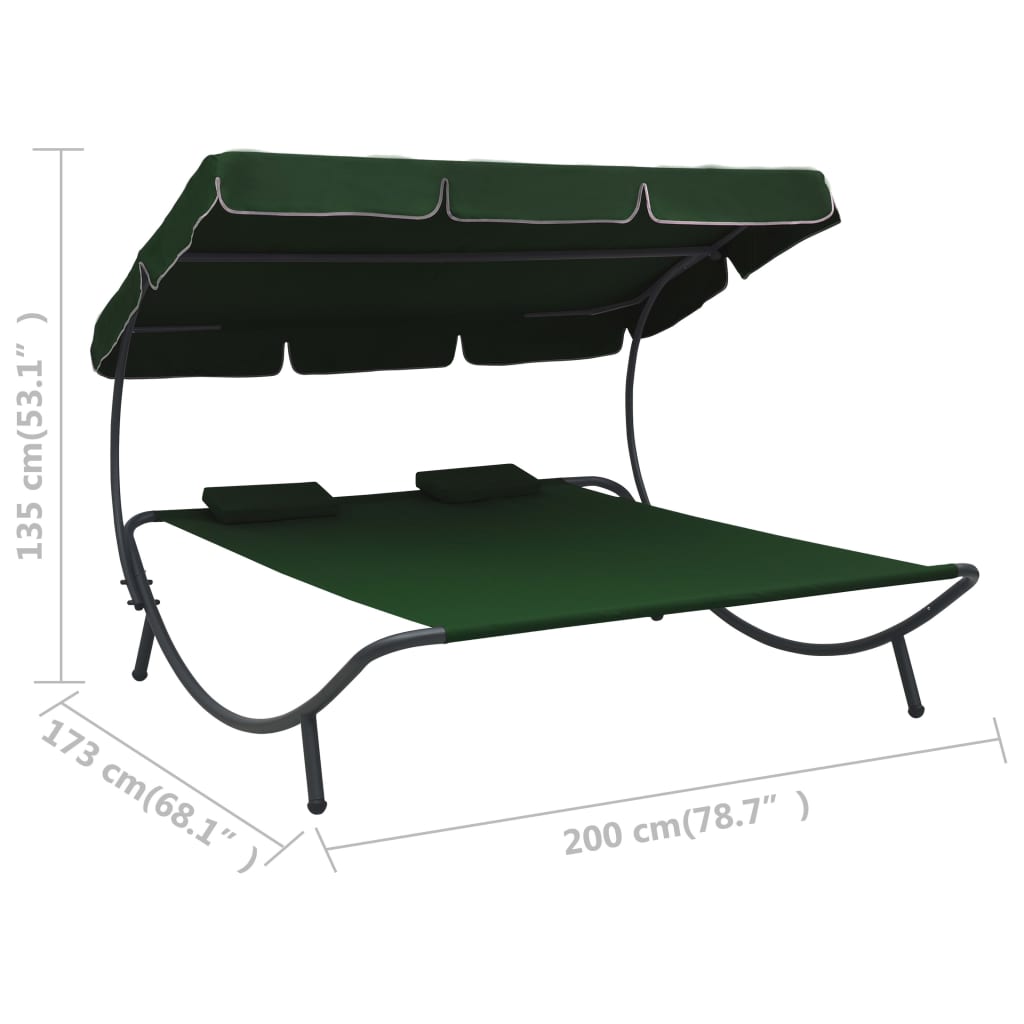 Chaise longue avec auvent et coussins verts