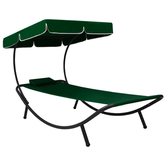 Chaise longue de jardin avec auvent et coussins verts