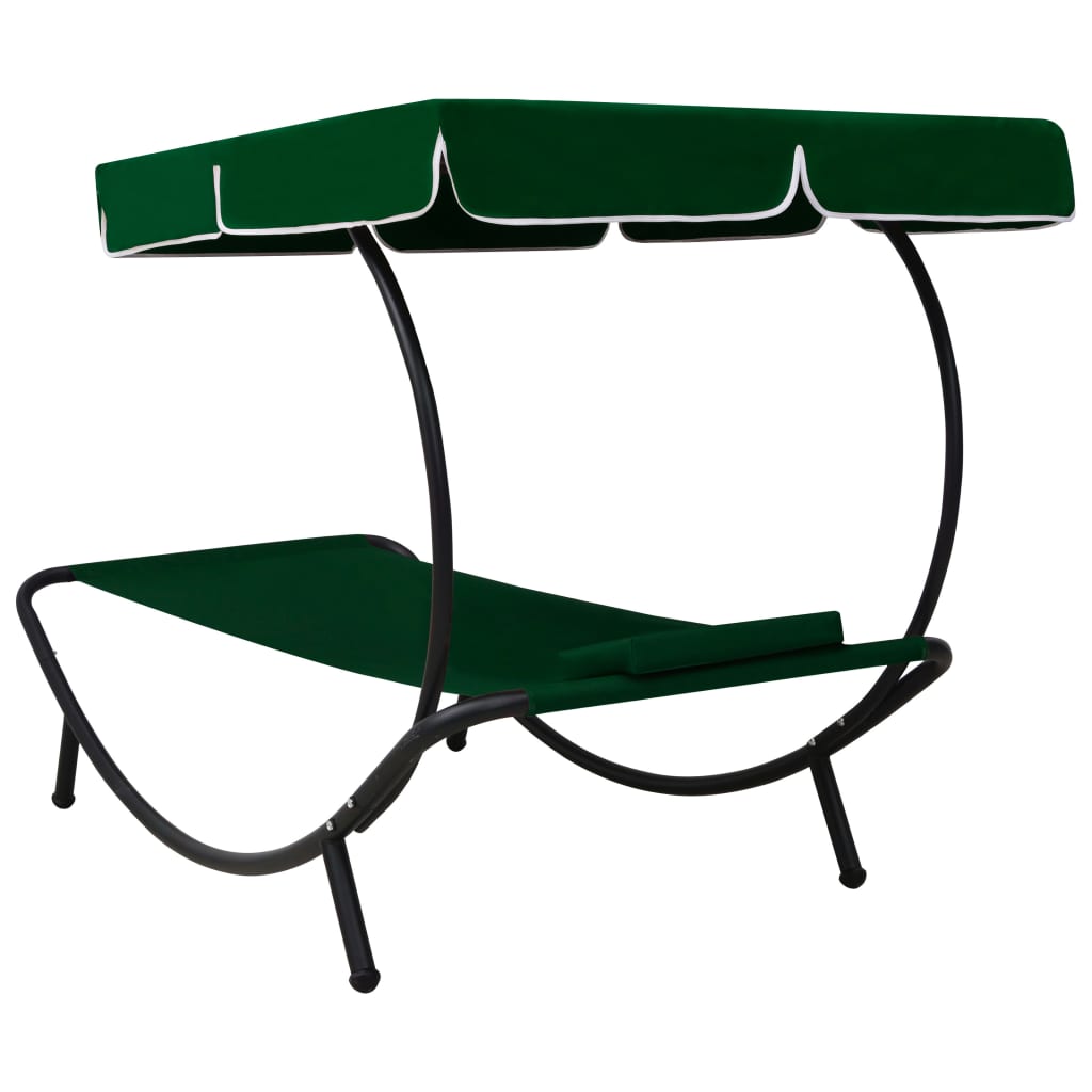 Chaise longue de jardin avec auvent et coussins verts