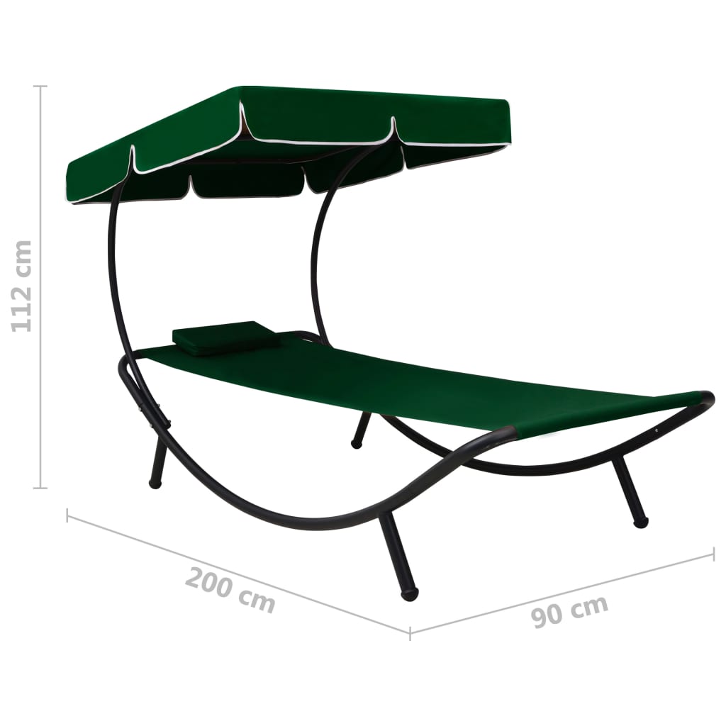 Chaise longue de jardin avec auvent et coussins verts