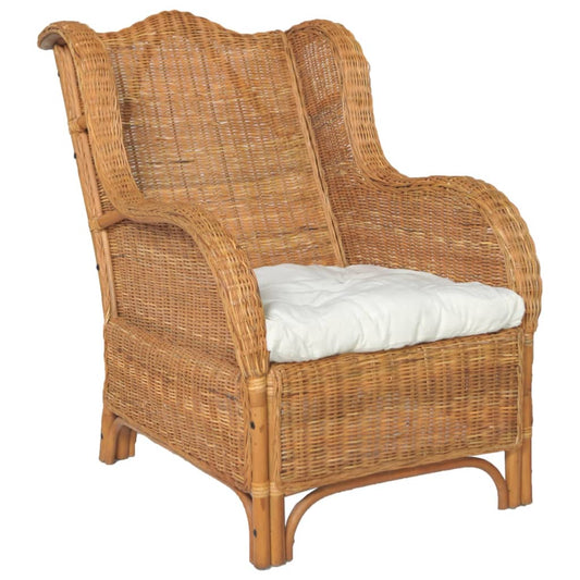 Fauteuil avec coussins en rotin naturel marron clair et lin