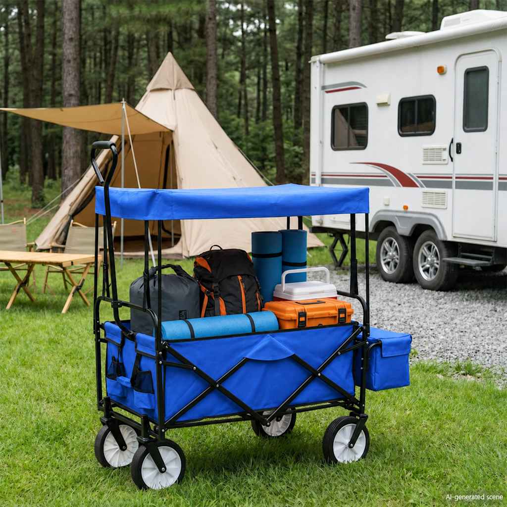 Klappbarer Handwagen mit Sonnendach Stahl Blau
