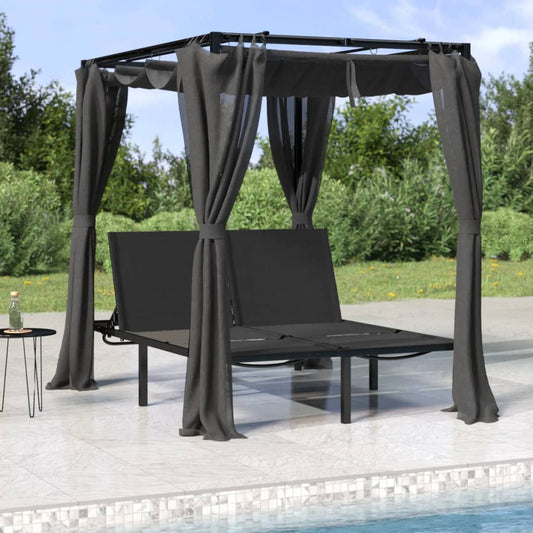 Bain de soleil double avec rideaux et auvent anthracite