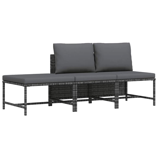 3-tlg. Garten-Sofagarnitur mit Kissen Grau Poly Rattan