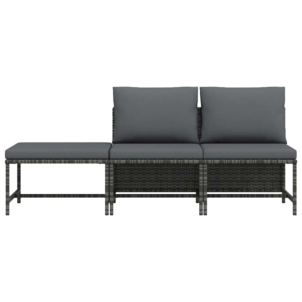3-tlg. Garten-Sofagarnitur mit Kissen Grau Poly Rattan