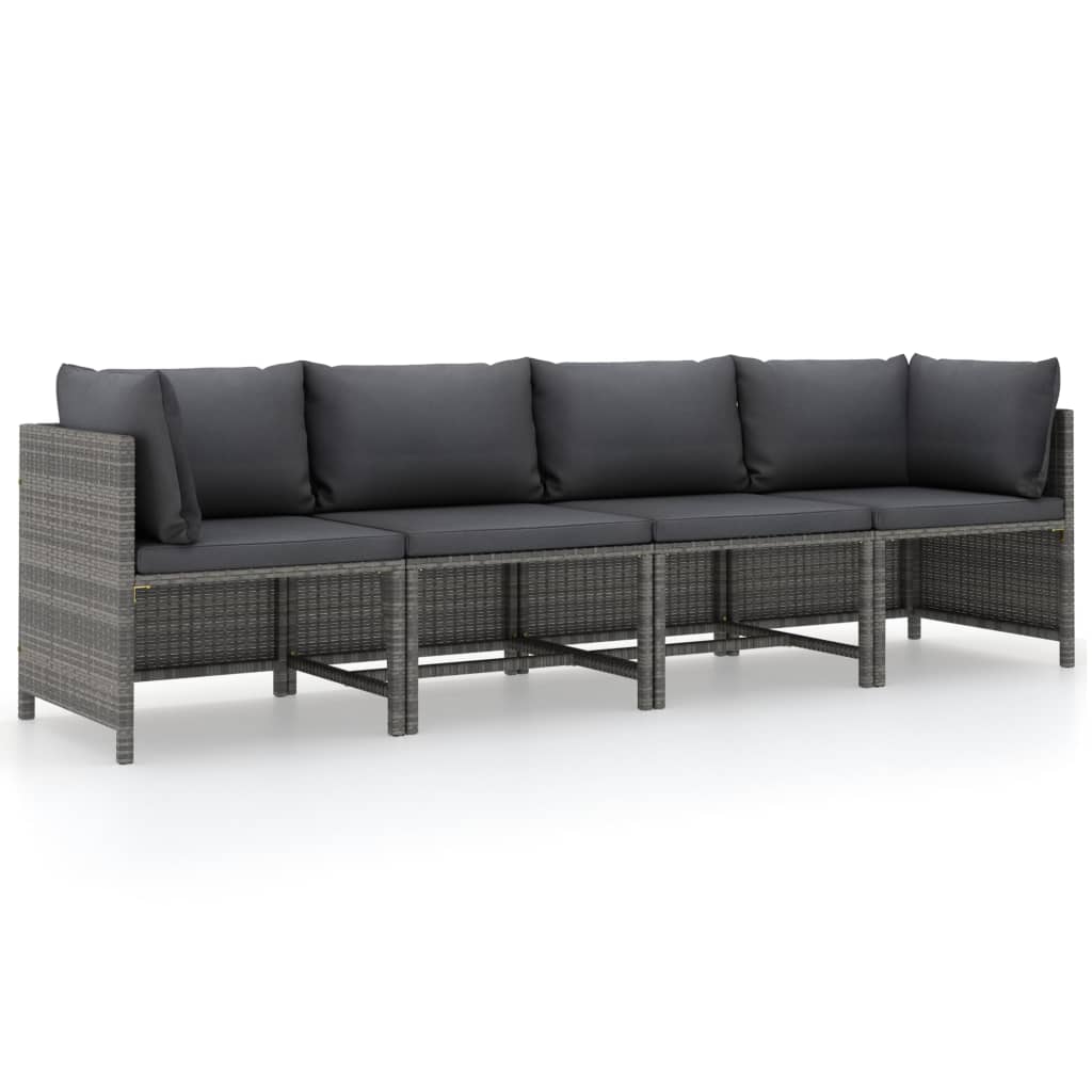 4-Sitzer-Gartensofa mit Kissen Grau Poly Rattan