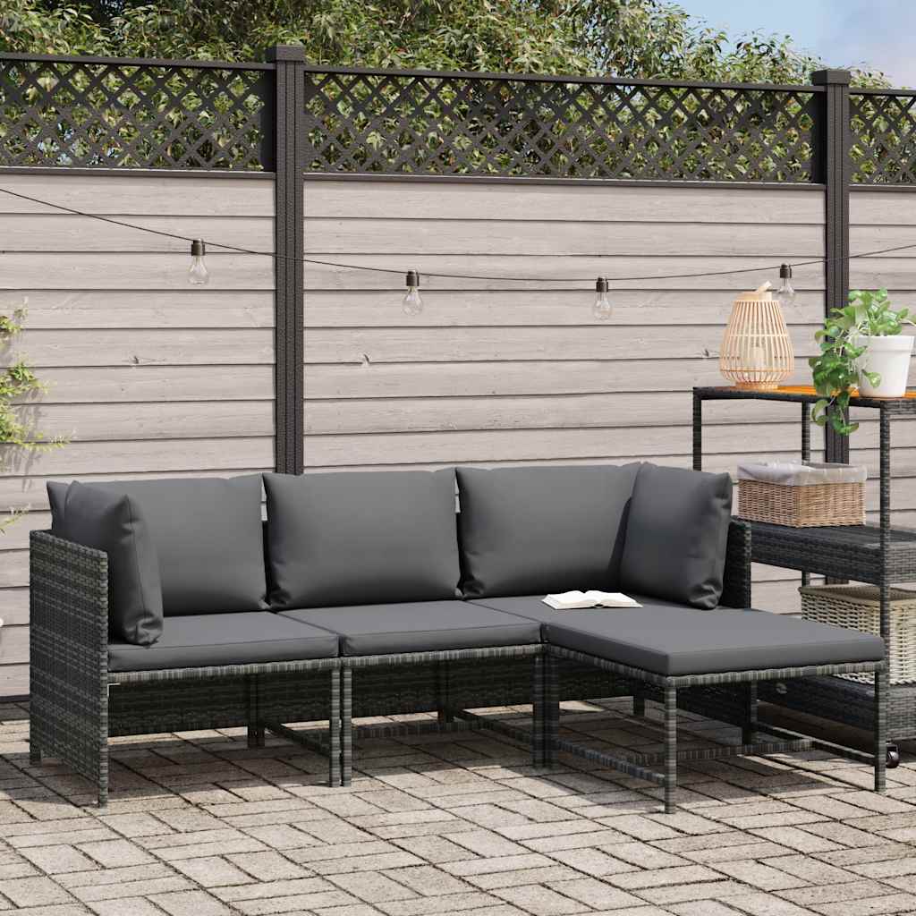 4-tlg. Garten-Lounge-Set mit Kissen Poly Rattan Grau