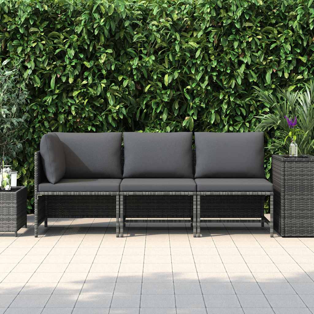 3-tlg. Garten-Lounge-Set mit Kissen Poly Rattan Grau