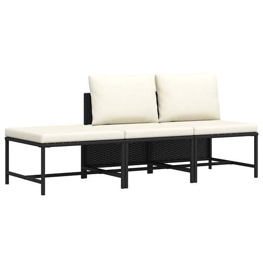 3-tlg. Garten-Sofagarnitur mit Auflagen Schwarz Poly Rattan