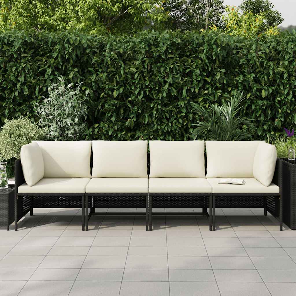 4-Sitzer-Gartensofa mit Auflagen Schwarz Poly Rattan
