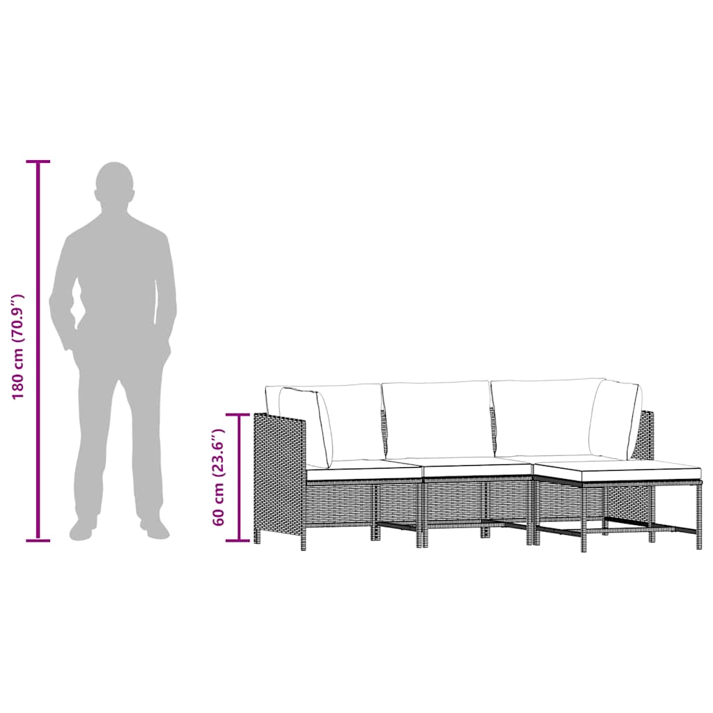 4-tlg. Garten-Sofagarnitur mit Auflagen Schwarz Poly Rattan