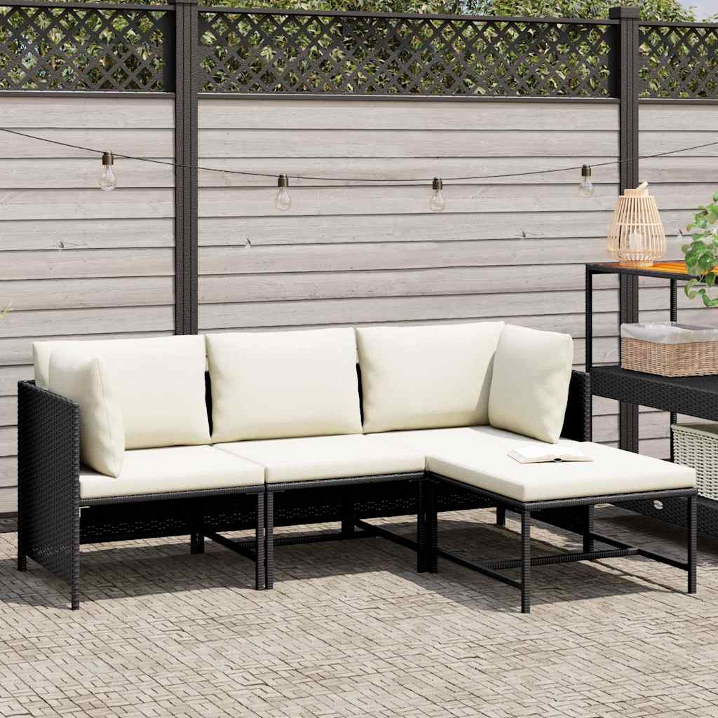 4-tlg. Garten-Sofagarnitur mit Auflagen Schwarz Poly Rattan