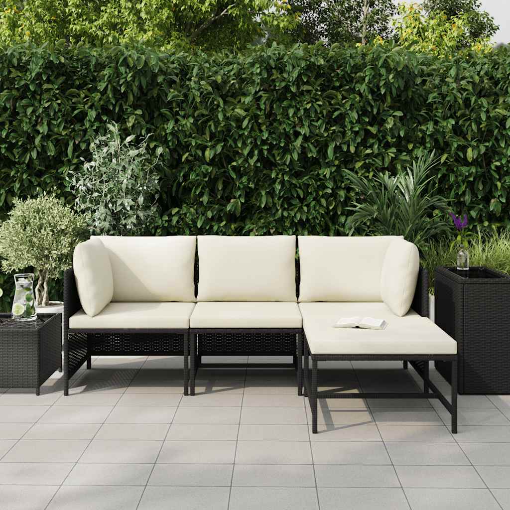 4-tlg. Garten-Sofagarnitur mit Auflagen Schwarz Poly Rattan