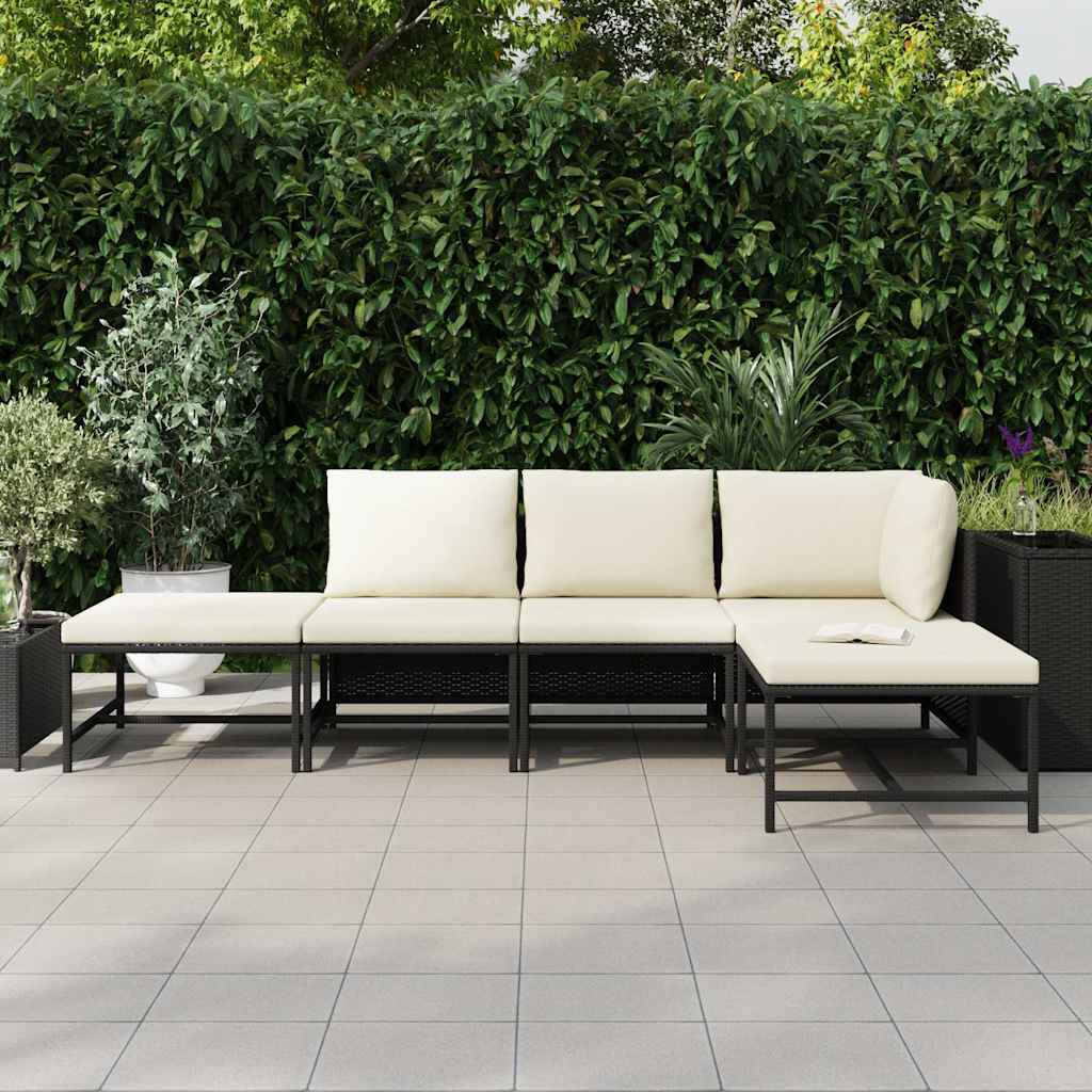 5-tlg. Garten-Sofagarnitur mit Auflagen Schwarz Poly Rattan